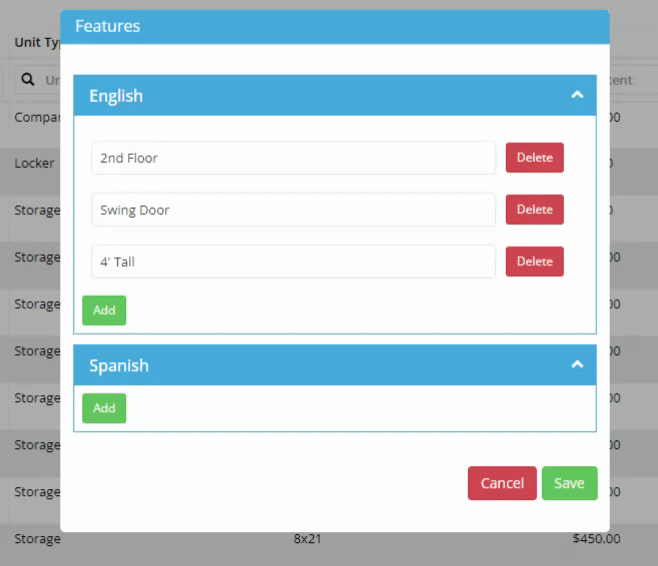 Unit Types | Add/Edit/Delete Features Displayed on Website – QuikStor